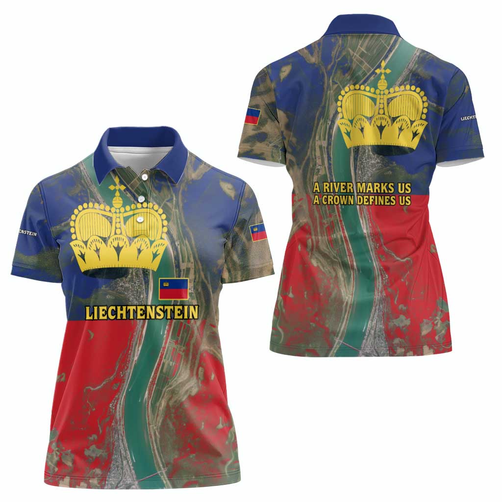 Liechtenstein Women Polo Shirt with Red Blue Aerial River Design and Yellow Crown Emblem - Wonder Print Shop