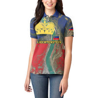 Liechtenstein Women Polo Shirt with Red Blue Aerial River Design and Yellow Crown Emblem - Wonder Print Shop