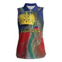 Liechtenstein Women Sleeveless Polo Shirt with Red Blue Aerial River Design and Yellow Crown Emblem - Wonder Print Shop