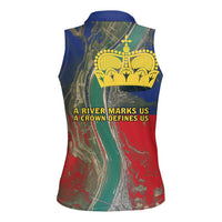 Liechtenstein Women Sleeveless Polo Shirt with Red Blue Aerial River Design and Yellow Crown Emblem - Wonder Print Shop
