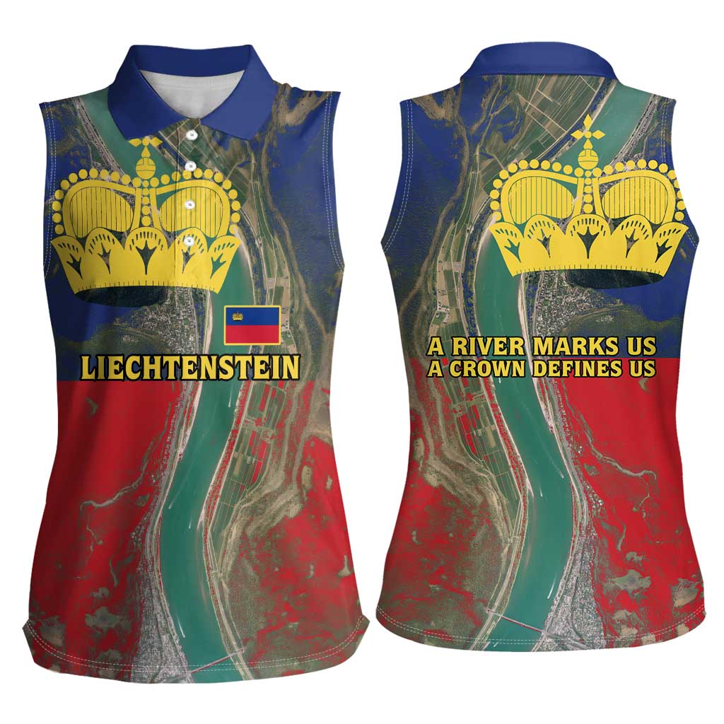 Liechtenstein Women Sleeveless Polo Shirt with Red Blue Aerial River Design and Yellow Crown Emblem - Wonder Print Shop
