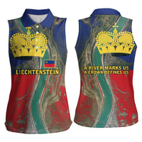 Liechtenstein Women Sleeveless Polo Shirt with Red Blue Aerial River Design and Yellow Crown Emblem - Wonder Print Shop
