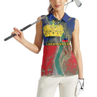 Liechtenstein Women Sleeveless Polo Shirt with Red Blue Aerial River Design and Yellow Crown Emblem - Wonder Print Shop