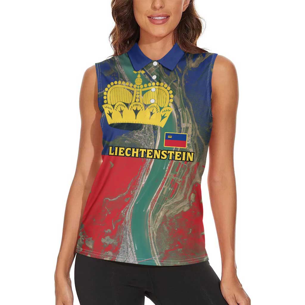 Liechtenstein Women Sleeveless Polo Shirt with Red Blue Aerial River Design and Yellow Crown Emblem - Wonder Print Shop
