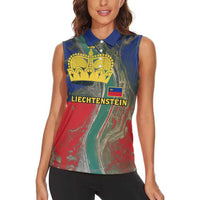 Liechtenstein Women Sleeveless Polo Shirt with Red Blue Aerial River Design and Yellow Crown Emblem - Wonder Print Shop