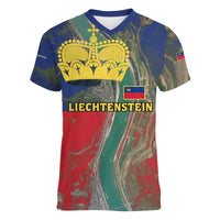 Liechtenstein Women V-Neck T-Shirt with Red Blue Aerial River Design and Yellow Crown Emblem - Wonder Print Shop