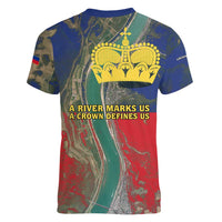 Liechtenstein Women V-Neck T-Shirt with Red Blue Aerial River Design and Yellow Crown Emblem - Wonder Print Shop