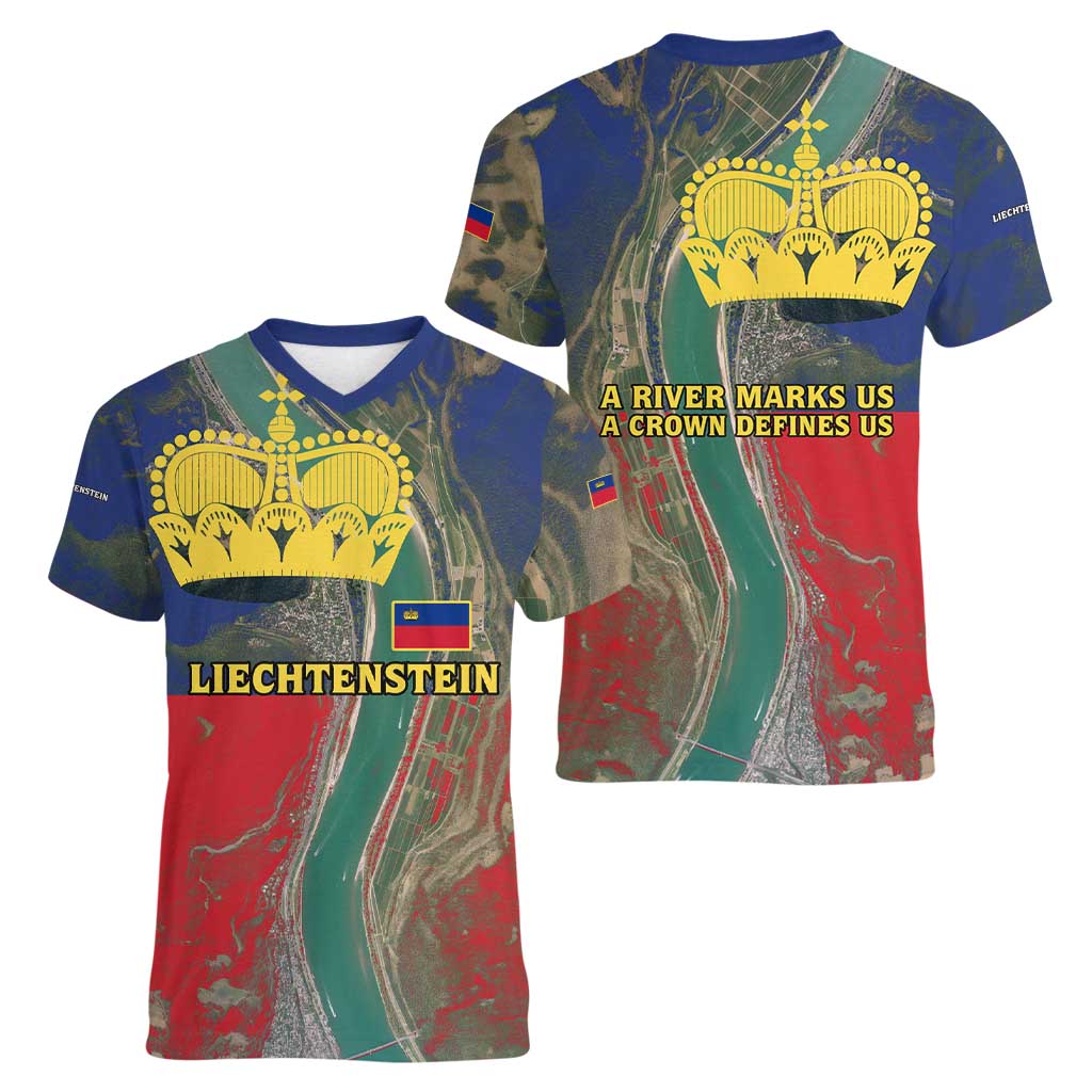 Liechtenstein Women V-Neck T-Shirt with Red Blue Aerial River Design and Yellow Crown Emblem - Wonder Print Shop