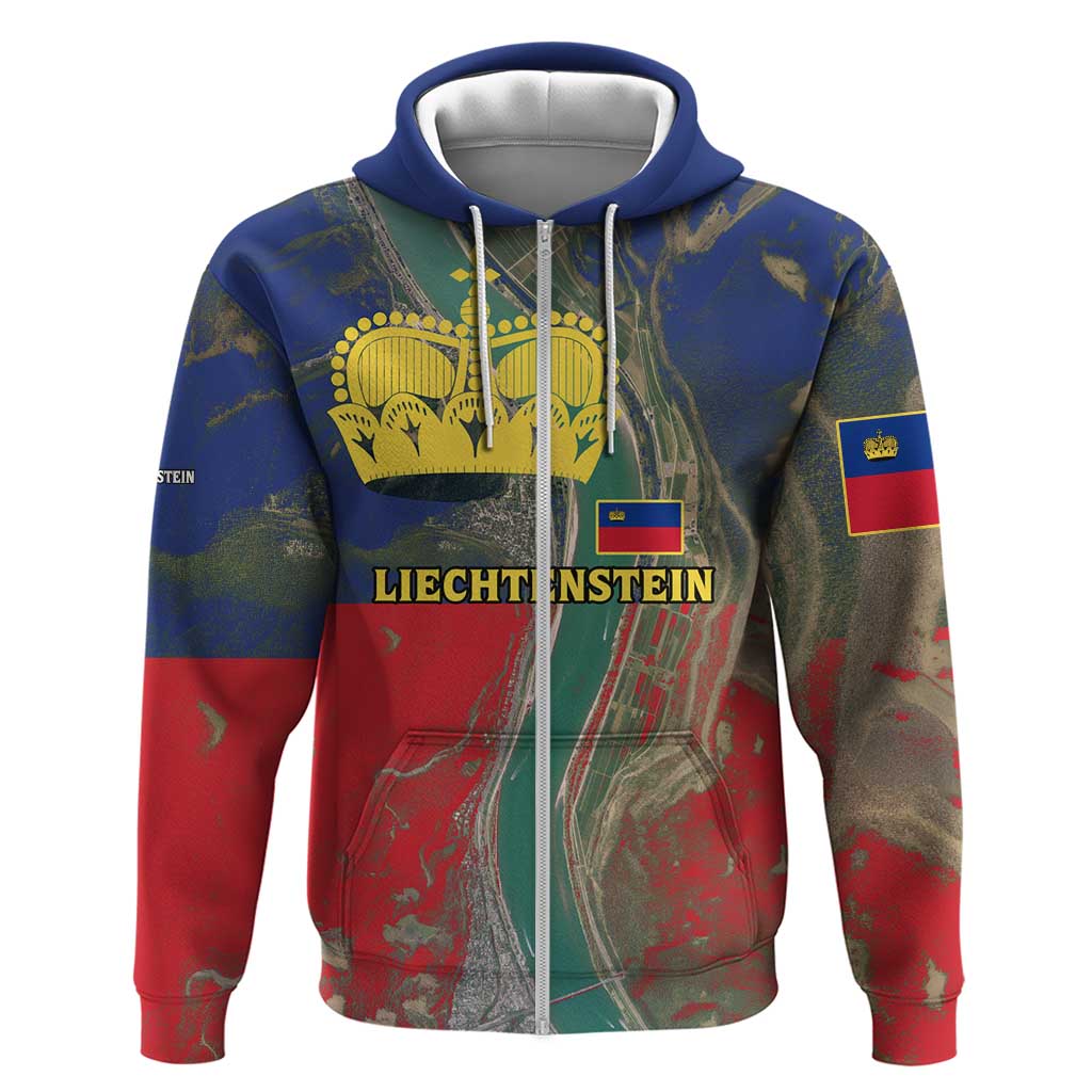 Liechtenstein Zip Hoodie with Red Blue Aerial River Design and Yellow Crown Emblem - Wonder Print Shop