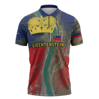 Liechtenstein Zipper Polo Shirt with Red Blue Aerial River Design and Yellow Crown Emblem - Wonder Print Shop