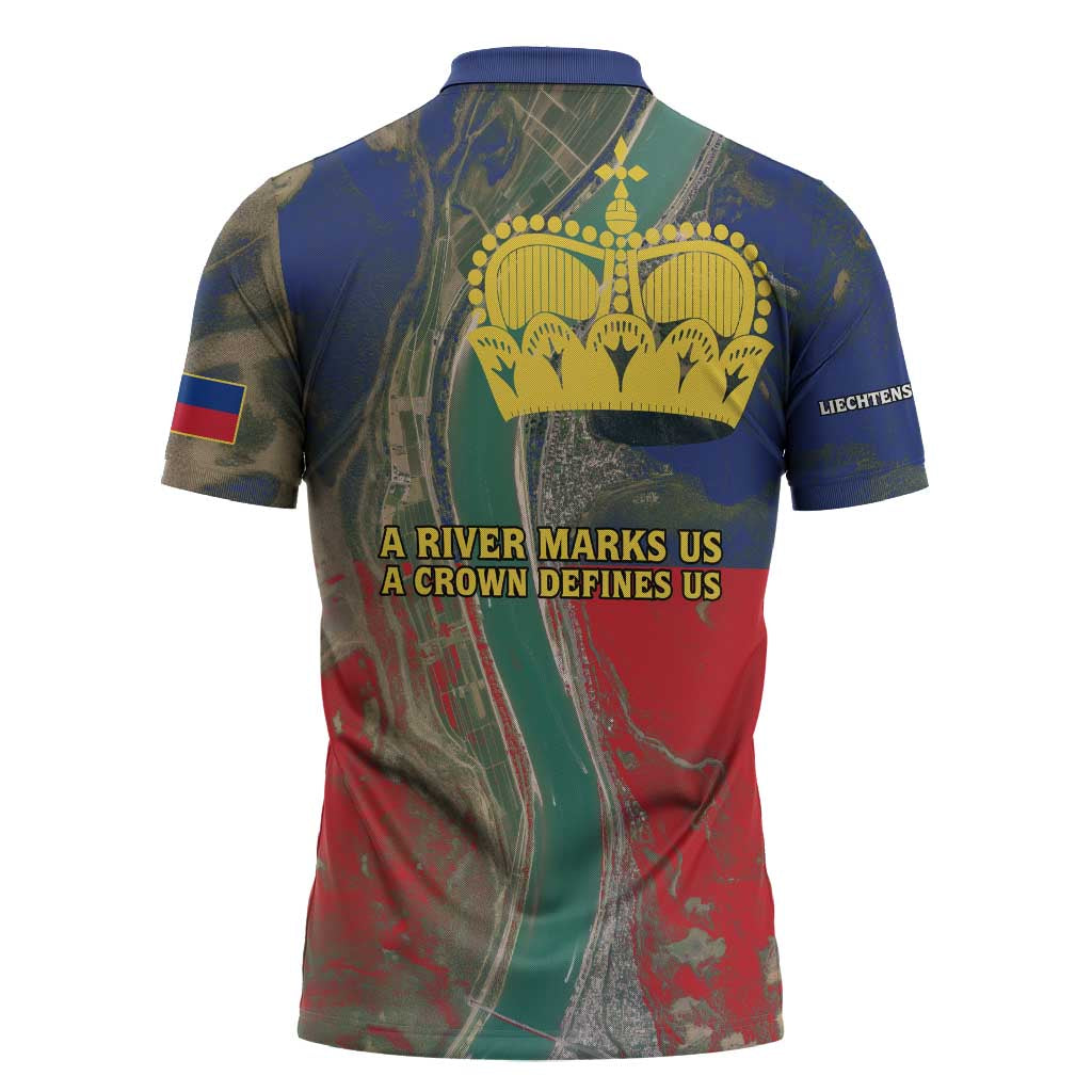 Liechtenstein Zipper Polo Shirt with Red Blue Aerial River Design and Yellow Crown Emblem - Wonder Print Shop