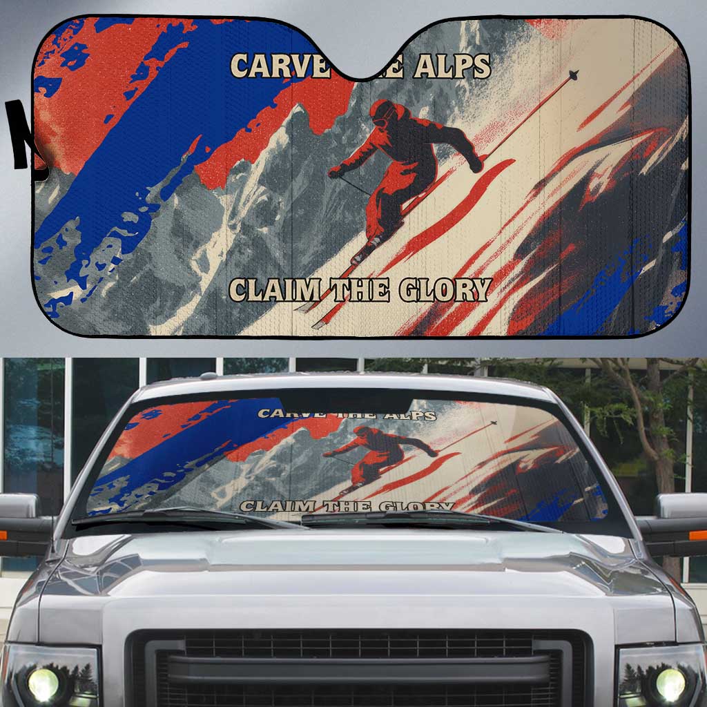 Liechtenstein Auto Sun Shade with Alpine Skiing Red Blue Design and Mountain Landscape - Wonder Print Shop