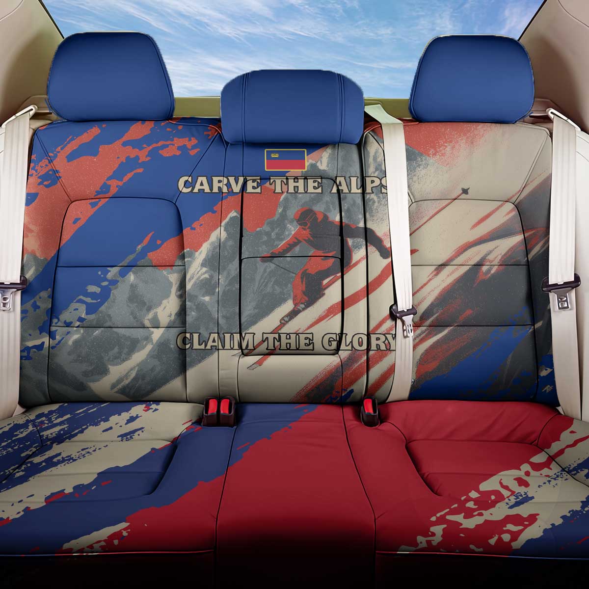 Liechtenstein Back Car Seat Cover with Alpine Skiing Red Blue Design and Mountain Landscape - Wonder Print Shop