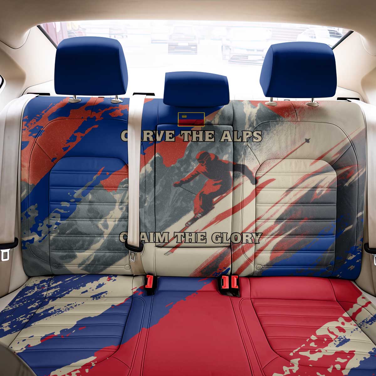 Liechtenstein Back Car Seat Cover with Alpine Skiing Red Blue Design and Mountain Landscape - Wonder Print Shop