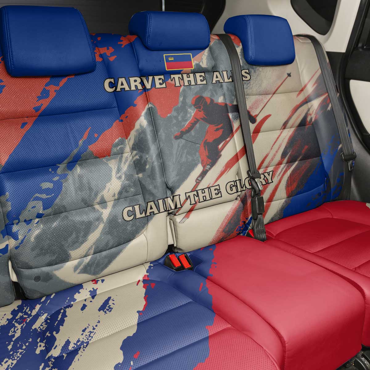 Liechtenstein Back Car Seat Cover with Alpine Skiing Red Blue Design and Mountain Landscape - Wonder Print Shop