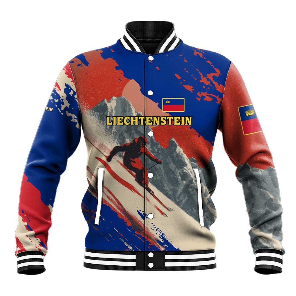Liechtenstein Baseball Jacket with Alpine Skiing Red Blue Design and Mountain Landscape - Wonder Print Shop