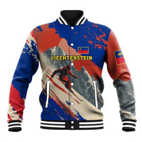 Liechtenstein Baseball Jacket with Alpine Skiing Red Blue Design and Mountain Landscape - Wonder Print Shop
