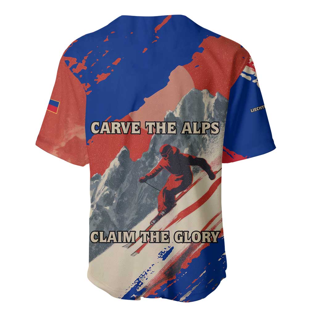 Liechtenstein Baseball Jersey with Alpine Skiing Red Blue Design and Mountain Landscape - Wonder Print Shop