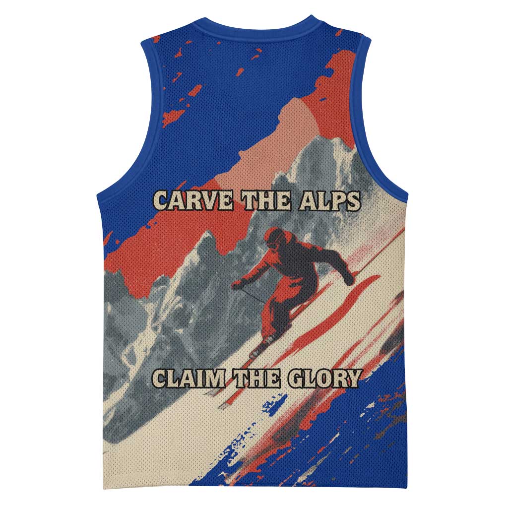 Liechtenstein Basketball Jersey with Alpine Skiing Red Blue Design and Mountain Landscape - Wonder Print Shop