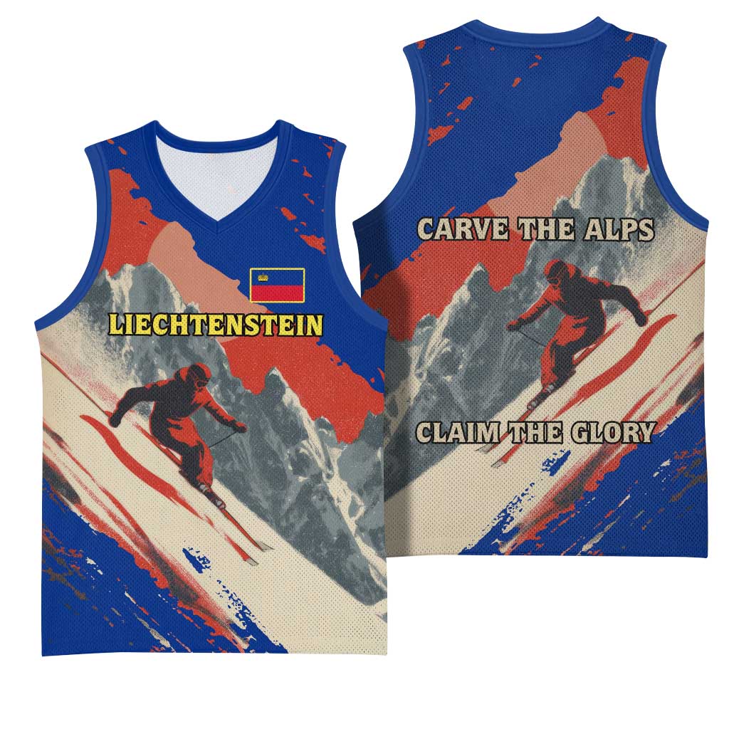 Liechtenstein Basketball Jersey with Alpine Skiing Red Blue Design and Mountain Landscape - Wonder Print Shop