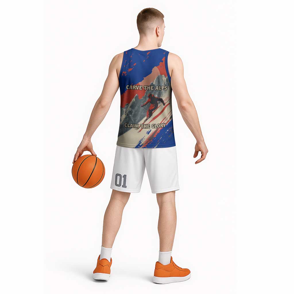 Liechtenstein Basketball Jersey with Alpine Skiing Red Blue Design and Mountain Landscape - Wonder Print Shop