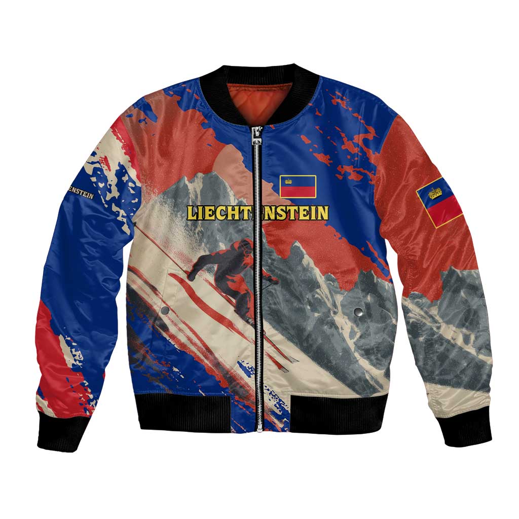 Liechtenstein Bomber Jacket with Alpine Skiing Red Blue Design and Mountain Landscape - Wonder Print Shop