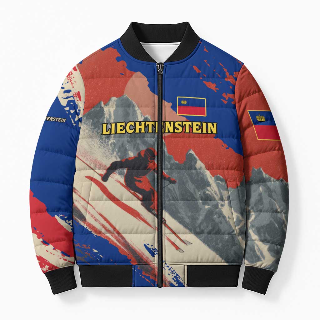 Liechtenstein Bomber Puffer Jacket with Alpine Skiing Red Blue Design and Mountain Landscape - Wonder Print Shop