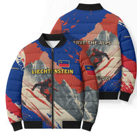 Liechtenstein Bomber Puffer Jacket with Alpine Skiing Red Blue Design and Mountain Landscape - Wonder Print Shop