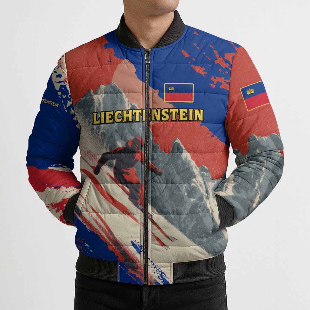 Liechtenstein Bomber Puffer Jacket with Alpine Skiing Red Blue Design and Mountain Landscape - Wonder Print Shop