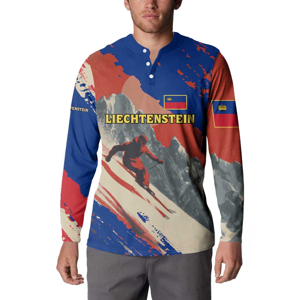 Liechtenstein Button Sweatshirt with Alpine Skiing Red Blue Design and Mountain Landscape - Wonder Print Shop