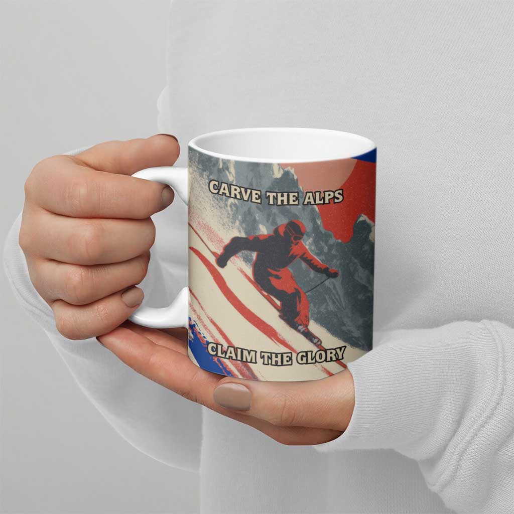 Liechtenstein Ceramic Mug with Alpine Skiing Red Blue Design and Mountain Landscape - Wonder Print Shop