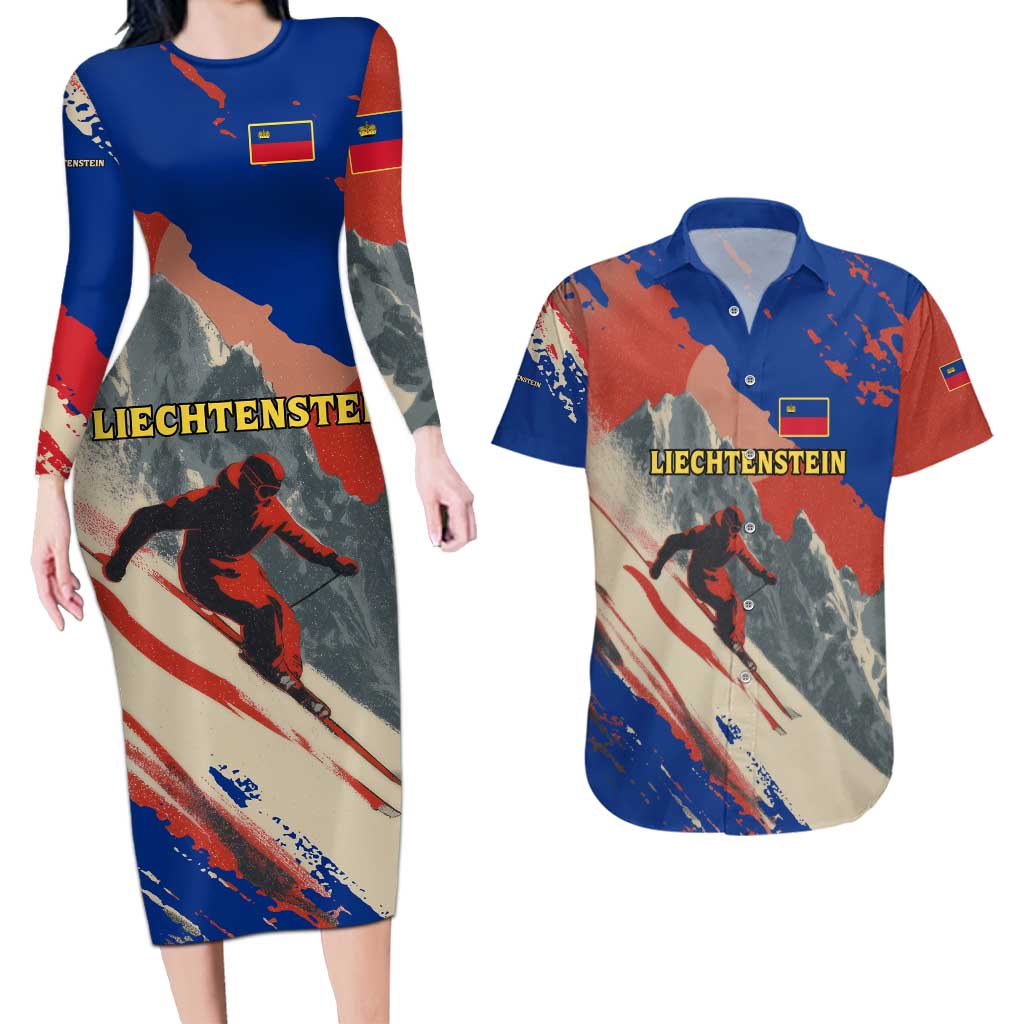 Liechtenstein Couples Matching Long Sleeve Bodycon Dress and Hawaiian Shirt with Alpine Skiing Red Blue Design and Mountain Landscape - Wonder Print Shop