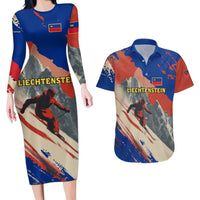 Liechtenstein Couples Matching Long Sleeve Bodycon Dress and Hawaiian Shirt with Alpine Skiing Red Blue Design and Mountain Landscape - Wonder Print Shop