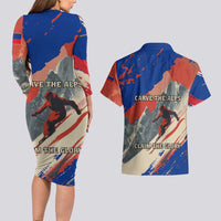 Liechtenstein Couples Matching Long Sleeve Bodycon Dress and Hawaiian Shirt with Alpine Skiing Red Blue Design and Mountain Landscape - Wonder Print Shop