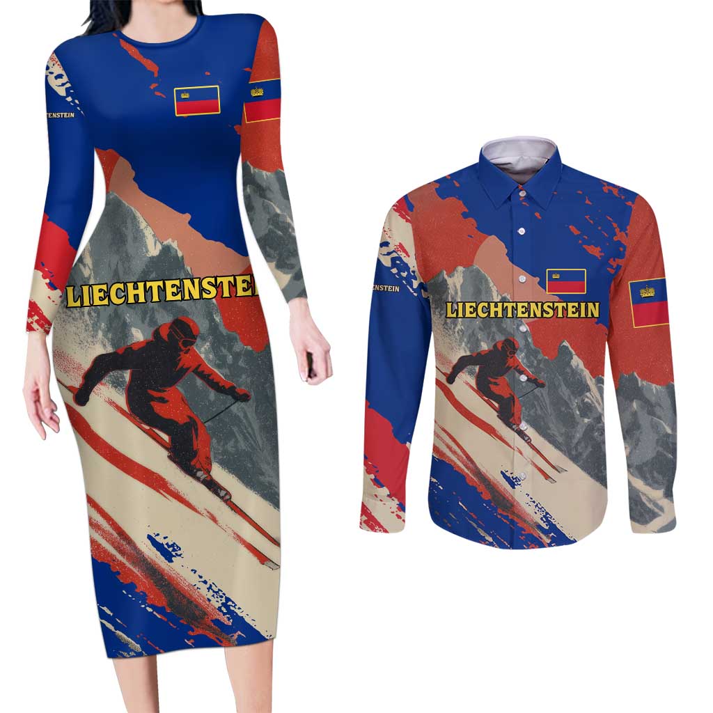 Liechtenstein Couples Matching Long Sleeve Bodycon Dress and Long Sleeve Button Shirt with Alpine Skiing Red Blue Design and Mountain Landscape - Wonder Print Shop