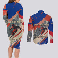 Liechtenstein Couples Matching Long Sleeve Bodycon Dress and Long Sleeve Button Shirt with Alpine Skiing Red Blue Design and Mountain Landscape - Wonder Print Shop