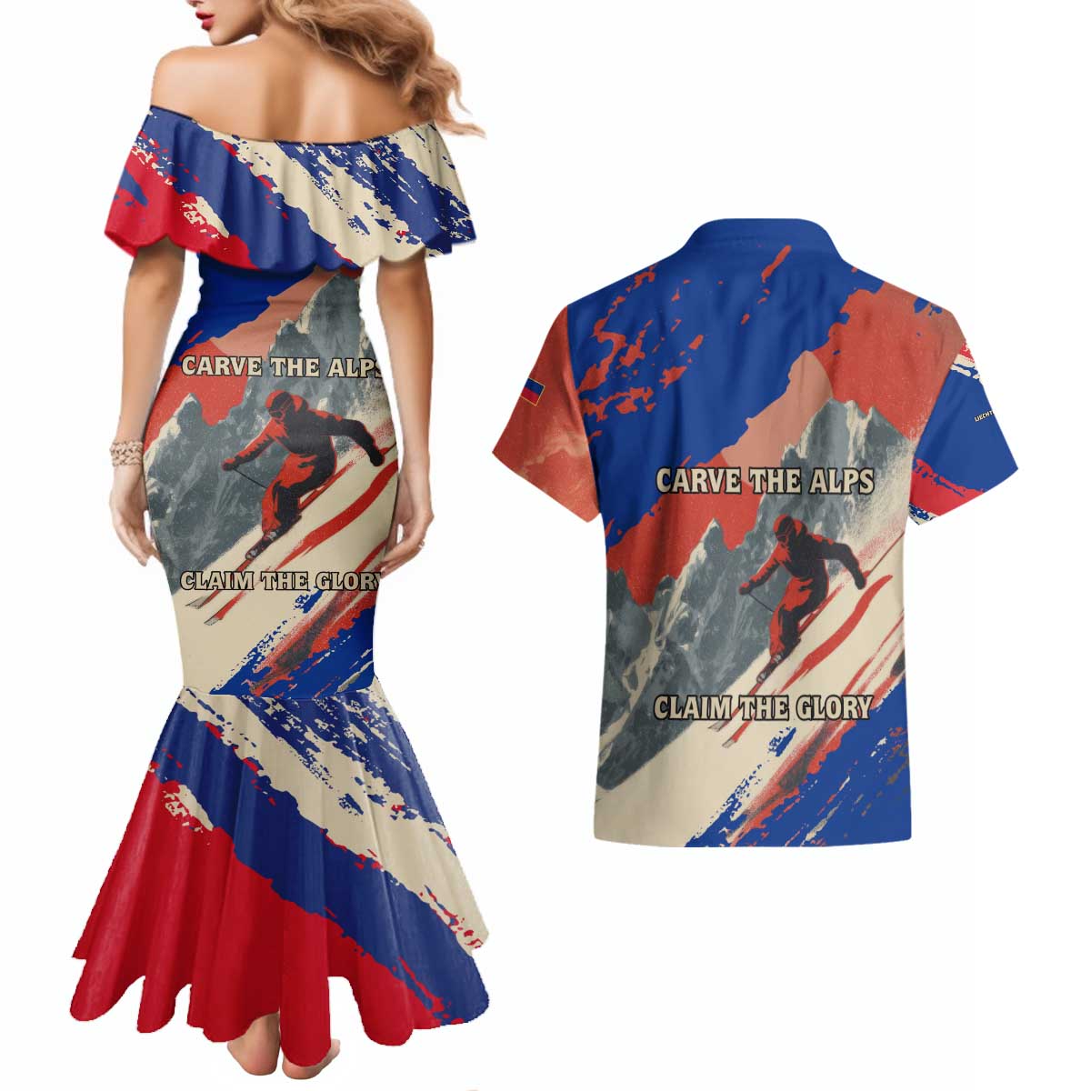 Liechtenstein Couples Matching Mermaid Dress and Hawaiian Shirt with Alpine Skiing Red Blue Design and Mountain Landscape - Wonder Print Shop