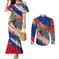 Liechtenstein Couples Matching Mermaid Dress and Long Sleeve Button Shirt with Alpine Skiing Red Blue Design and Mountain Landscape - Wonder Print Shop