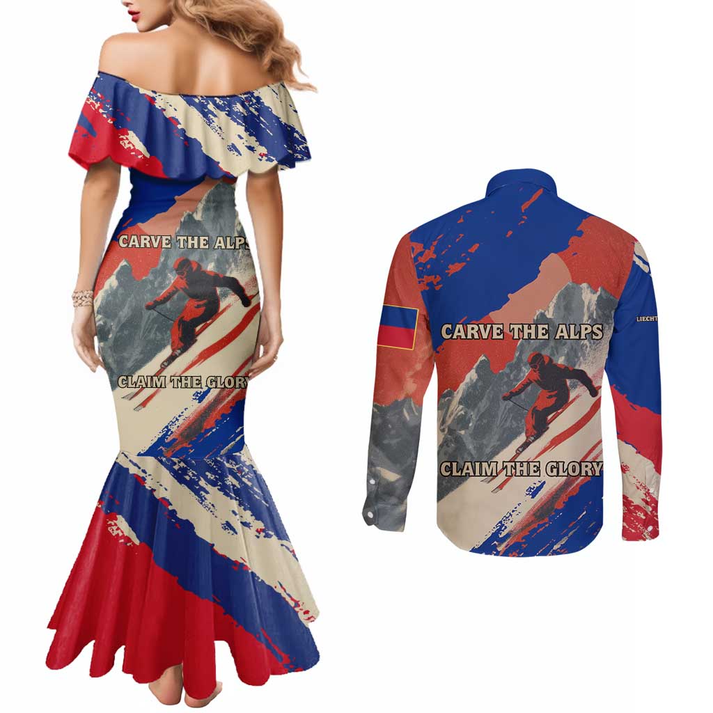 Liechtenstein Couples Matching Mermaid Dress and Long Sleeve Button Shirt with Alpine Skiing Red Blue Design and Mountain Landscape - Wonder Print Shop