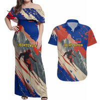 Liechtenstein Couples Matching Off Shoulder Maxi Dress and Hawaiian Shirt with Alpine Skiing Red Blue Design and Mountain Landscape - Wonder Print Shop