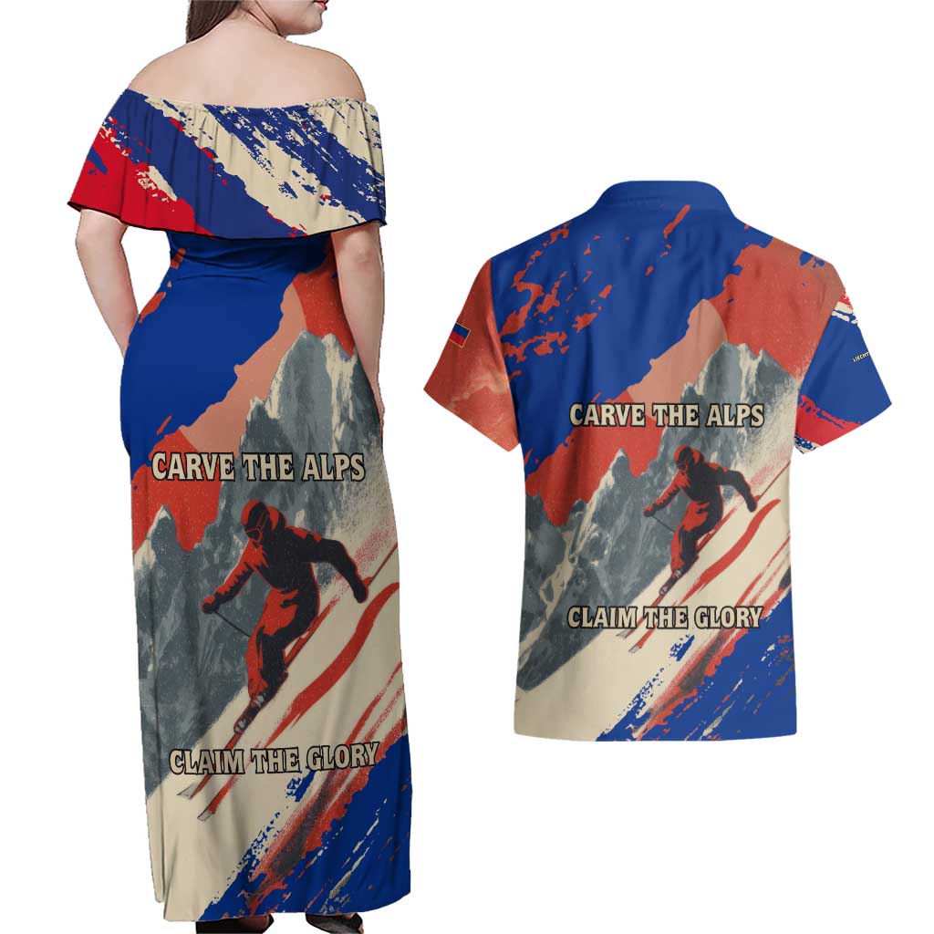 Liechtenstein Couples Matching Off Shoulder Maxi Dress and Hawaiian Shirt with Alpine Skiing Red Blue Design and Mountain Landscape - Wonder Print Shop