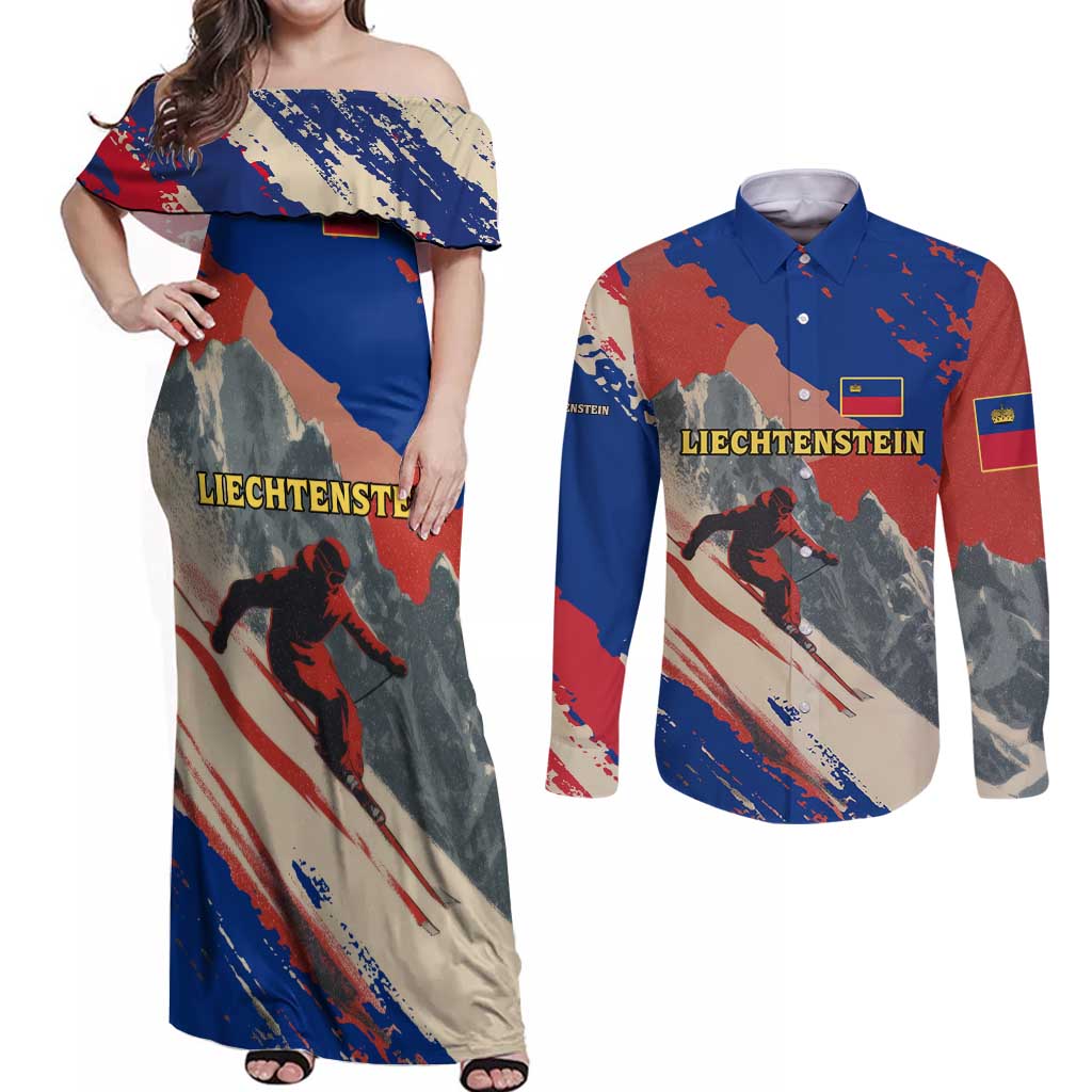 Liechtenstein Couples Matching Off Shoulder Maxi Dress and Long Sleeve Button Shirt with Alpine Skiing Red Blue Design and Mountain Landscape - Wonder Print Shop