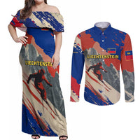 Liechtenstein Couples Matching Off Shoulder Maxi Dress and Long Sleeve Button Shirt with Alpine Skiing Red Blue Design and Mountain Landscape - Wonder Print Shop
