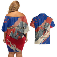 Liechtenstein Couples Matching Off Shoulder Short Dress and Hawaiian Shirt with Alpine Skiing Red Blue Design and Mountain Landscape - Wonder Print Shop