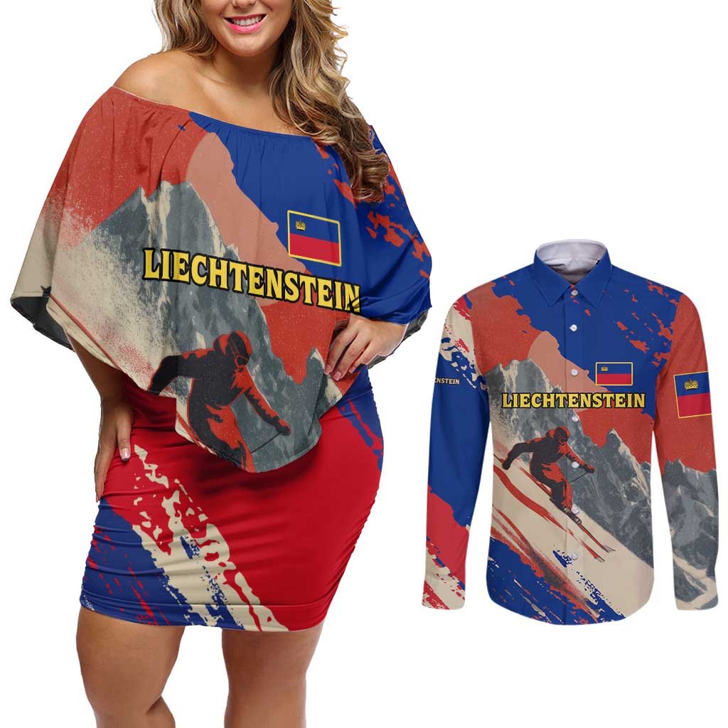 Liechtenstein Couples Matching Off Shoulder Short Dress and Long Sleeve Button Shirt with Alpine Skiing Red Blue Design and Mountain Landscape - Wonder Print Shop