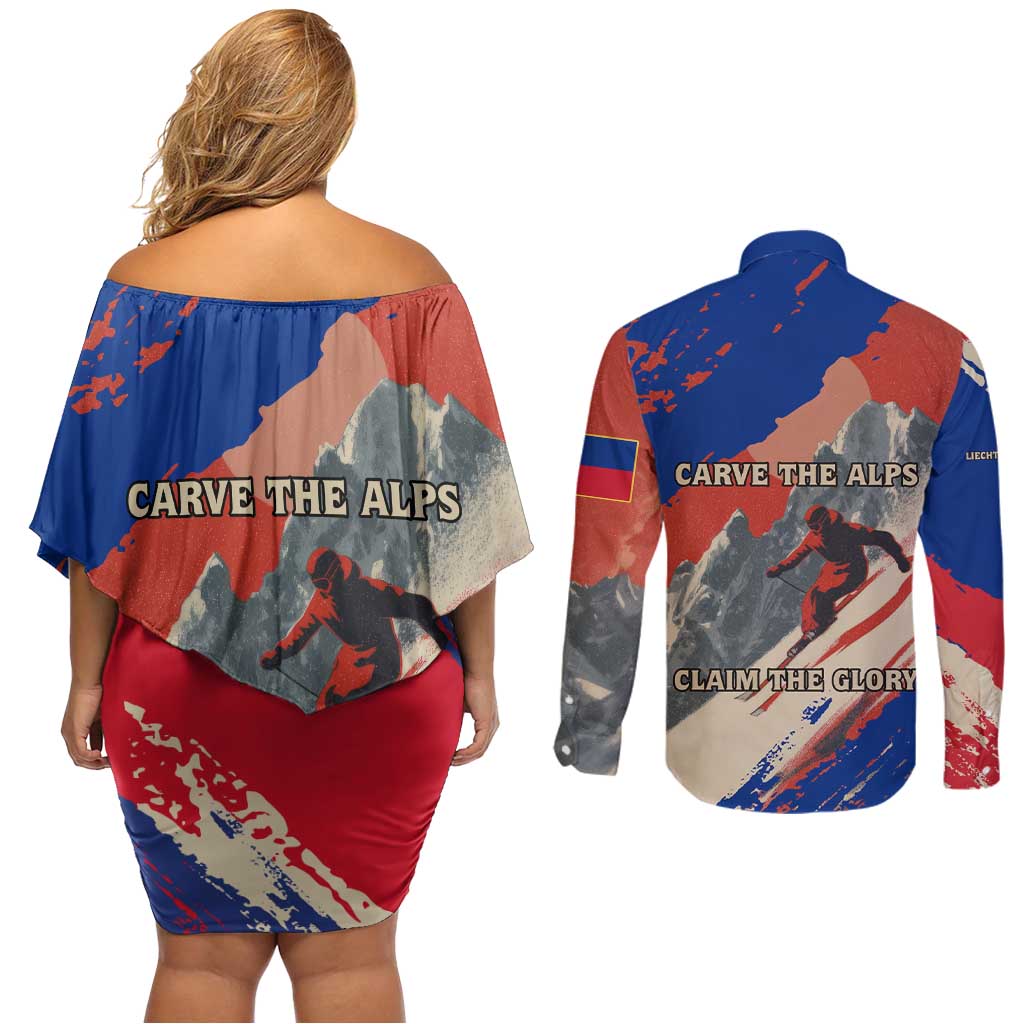 Liechtenstein Couples Matching Off Shoulder Short Dress and Long Sleeve Button Shirt with Alpine Skiing Red Blue Design and Mountain Landscape - Wonder Print Shop