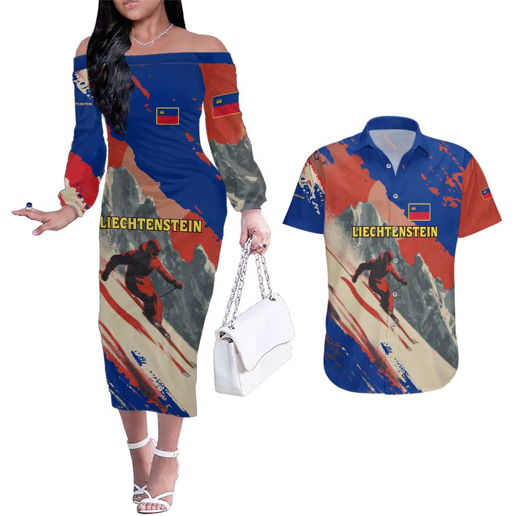 Liechtenstein Couples Matching Off The Shoulder Long Sleeve Dress and Hawaiian Shirt with Alpine Skiing Red Blue Design and Mountain Landscape - Wonder Print Shop