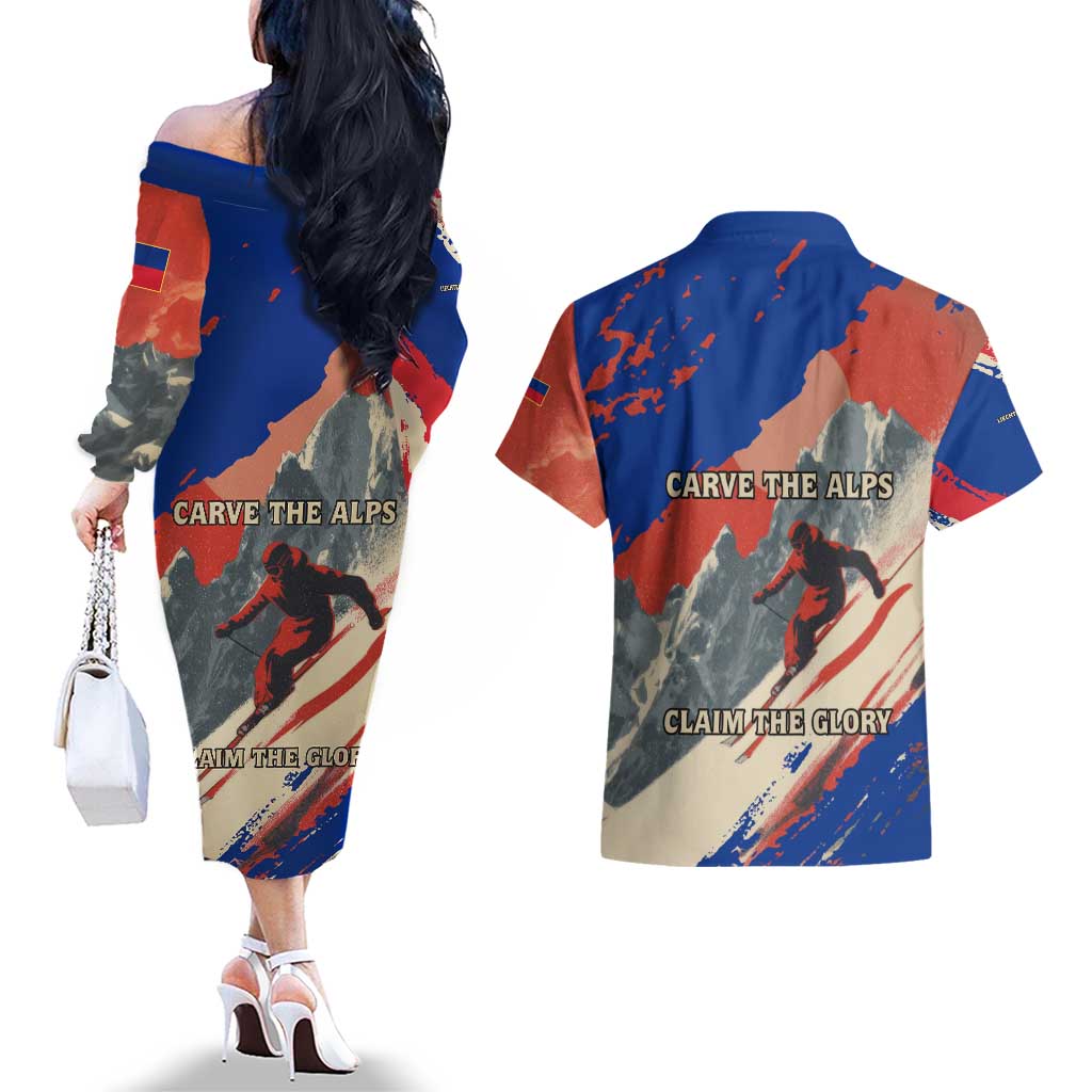 Liechtenstein Couples Matching Off The Shoulder Long Sleeve Dress and Hawaiian Shirt with Alpine Skiing Red Blue Design and Mountain Landscape - Wonder Print Shop