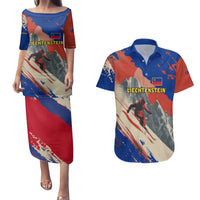 Liechtenstein Couples Matching Puletasi and Hawaiian Shirt with Alpine Skiing Red Blue Design and Mountain Landscape - Wonder Print Shop