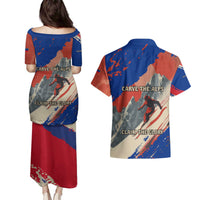 Liechtenstein Couples Matching Puletasi and Hawaiian Shirt with Alpine Skiing Red Blue Design and Mountain Landscape - Wonder Print Shop